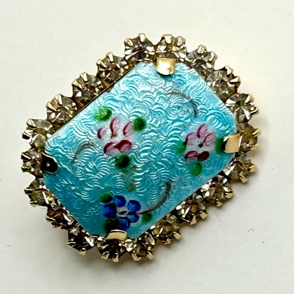 Vintage Guilloche Mid Century Rectangular Enamel Rhinestone Pin Blue Small 50’s - Picture 2 of 14